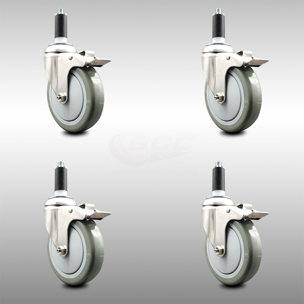 5 Inch 316SS Gray Poly Swivel 1 Inch Expanding Stem Caster Set Lock Brake